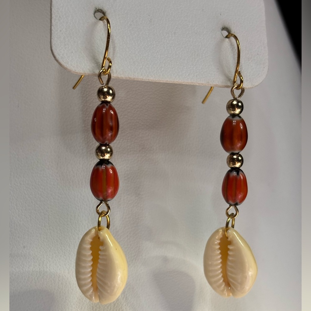 Hand Crafted Earrings Cowrie Shells and Autumn Brown and Orange Millifiore Beads
